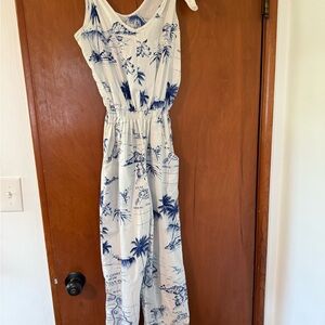 80’s Hawaiian Blue and White Tropical Print Jumpsuit